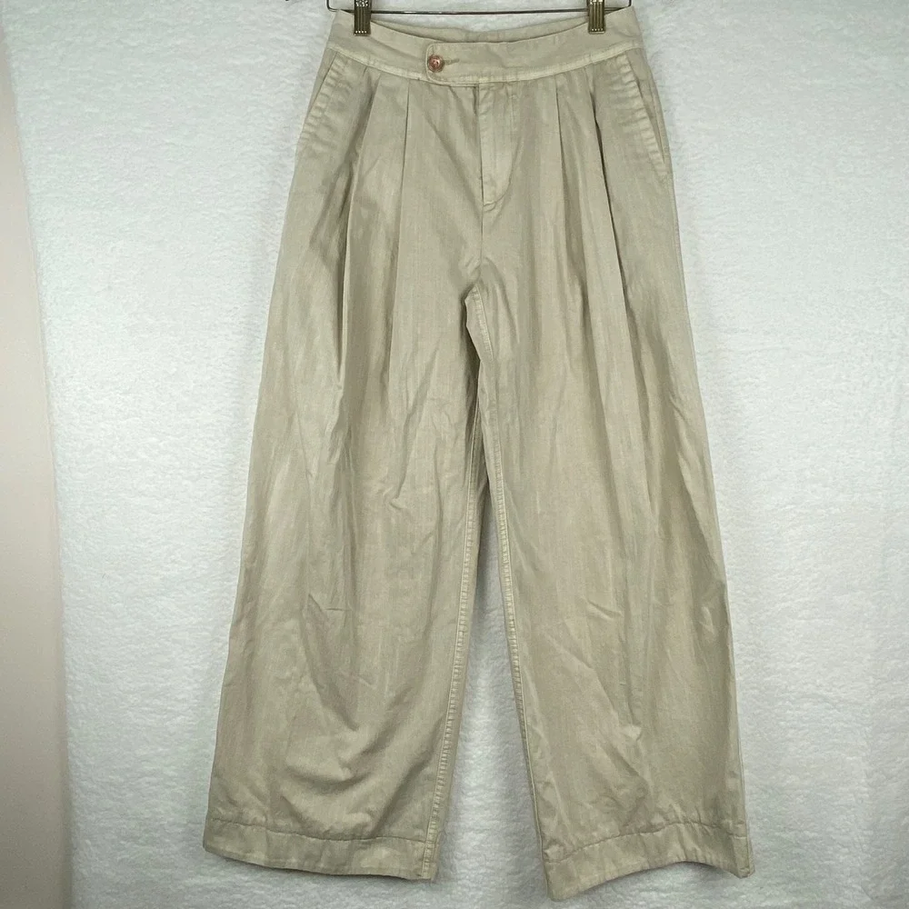Free People Women's 2 Beige Herringbone Wide Leg‎ Pleated Trousers High Rise
